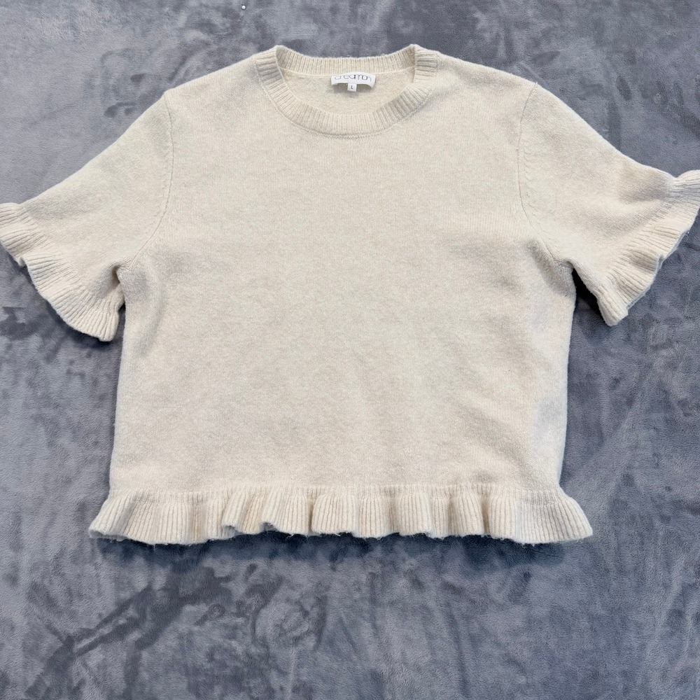 Creamon Womens Sweater Top Ruffle Short Sleeve Wool Blend Cream Knit Large L